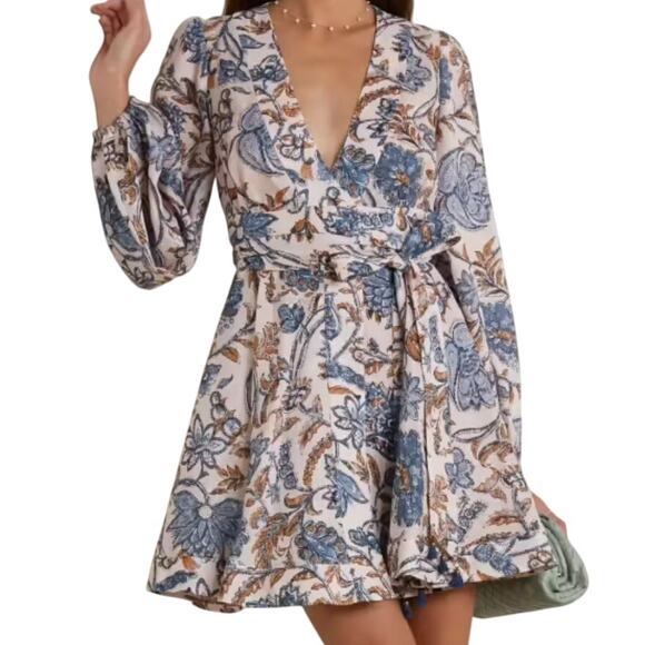 Zimmermann Vitali Floral-print Linen Wrap Dress Cornflower Floral 2 XS - Picture 1 of 8